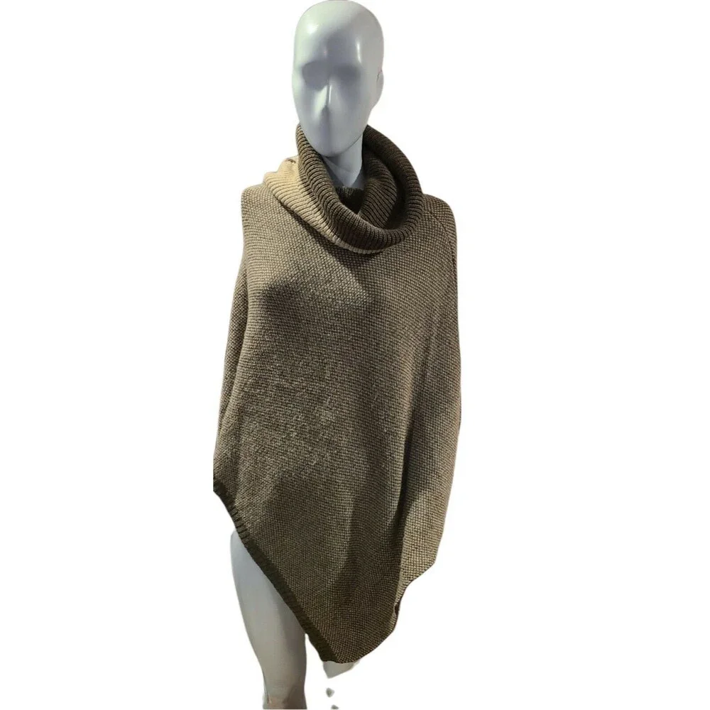 Cocogio Womens Knit Cowl Neck Poncho Sweater Taupe One Size